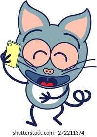 Cute gray cat in minimalistic style with pointy ears, bulging eyes and long tail while talking animatedly on a smartphone