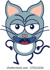Cute gray cat in minimalistic style with pointy ears, bulging eyes and long tail while walking, frowning, clenching its fists and showing a very angry mood