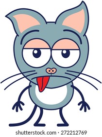 Cute gray cat in minimalistic style with pointy ears, bulging eyes and long tail while sticking its tongue out and showing a sad apathetic attitude