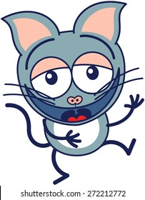 Cute gray cat in minimalistic style with pointy ears, bulging eyes and long tail while having fun and laughing animatedly
