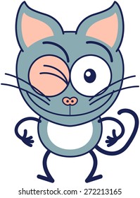 Cute gray cat in minimalistic style with pointy ears, bulging eyes and long tail while winking, smiling generously and making thumbs up