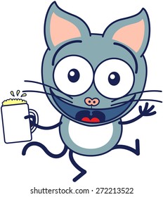 Cute gray cat in minimalistic style with pointy ears and long tail while widely opening its bulging eyes, raising its arms and holding a glass of frothy beer as for celebrating something