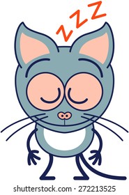 Cute gray cat in minimalistic style with pointy ears, bulging eyes and long tail sleeping placidly while standing up in a surprising and tired mood
