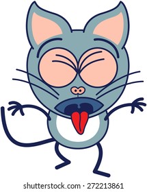 Cute gray cat in minimalistic style with pointy ears and long tail while clenching its bulging eyes, opening its mouth, sticking its tongue out and expressing disgust as for throwing up