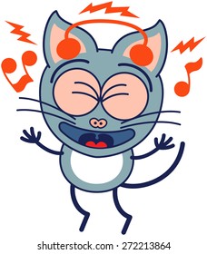 Cute gray cat in minimalistic style with pointy ears and long tail while wearing earphones, clenching its bulging eyes, listening to music, smiling generously and dancing animatedly