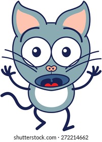 Cute gray cat in minimalistic style with pointy ears, bulging eyes and long tail while widely opening its bulging eyes, raising its arms and expressing surprise and fear