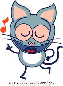 Cute gray cat in minimalistic style with pointy ears and long tail while closing its bulging eyes, smiling, dancing and singing animatedly