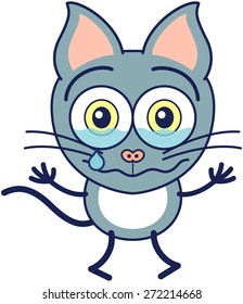 Cute gray cat in minimalistic style with pointy ears, bulging eyes and long tail while crying bitterly and showing a very sad and dispirited mood