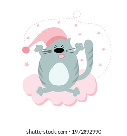 A cute gray cat in a night cap sits and stretches on a pink cloud. Baby shower. Postcard for the frame in the nursery. Morning of the cat. Flat vector illustration.