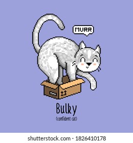 Cute gray cat in the old pixel style. 16 bit art of a fluffy, plumpy kitten. Kawai animal that tries to sit in a small box. Pretty kitty for stickers, posters, video games, animation, coloring pages.