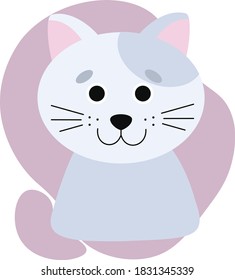 Cute gray cat on a colored background. Vector icon with a kitten. Stock illustration for logo, design, avatar, print for clothing and office with a pet