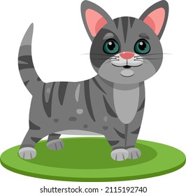 Cute gray cat on a green lawn. Vector illustration in cartoon style, children's book illustration