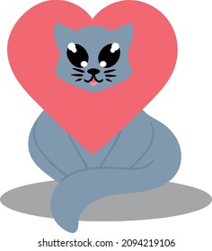 Cute gray cat with pink heart on his head. Vector illustration. Image isolated on white background. Design element for printing on notepads posters fabrics for menu websites decoration.