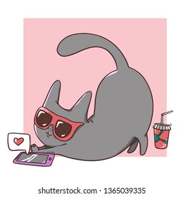Cute gray cat in pink sunglasses stretches near a smartphone. Symbol of like, love and social networking, social media