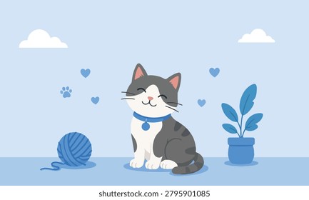 Cute Gray Cat Playing Yarn Ball Flat Vector Illustration
