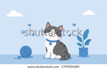 Cute Gray Cat Playing Yarn Ball Flat Vector Illustration