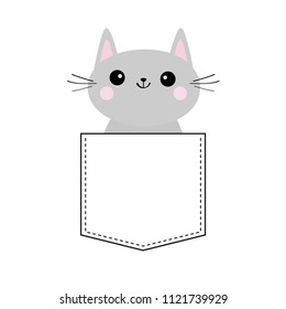 Cute gray cat in the pocket. Pink cheeks. Doodle contour linear sketch. Cartoon animals. Kitten kitty character. Dash line. Pet animal. White background. T-shirt design. Baby background. Flat Vector