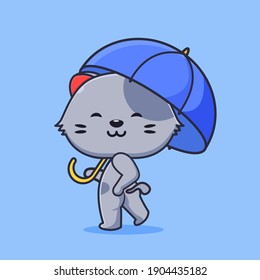 cute gray cat posing while carrying a blue umbrella, cute kitten wit umbrrella vector design, cute cat flat design style 