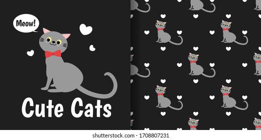 Cute gray cat with red ribbon and tiny white hearts seamless pattern on black background. Vector illustration.