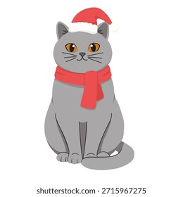 Gato gris lindo en el sombrero y la bufanda rojos de Santa. Gatito británico de pelo corto sentado. Personaje de dibujos animados de Vector para tarjetas de felicitación de Navidades, elemento de patrón sin costuras de año Nuevo o impresión para niños. Aislado en blanco.