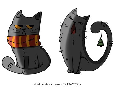 Cute Gray Cat In A Scarf And Christmas Toy Christmas Illustration