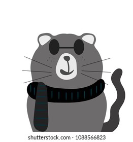 Cute gray cat with Scarf. vector design. illustration for School books and more.Meow slogan.
