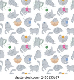 Cute gray cat seamless pattern. Domestic cat in different poses and with various emotions. Cat behavior, body language and face expressions