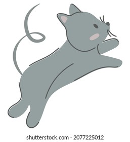 Feine graue Katze. Einfaches und hübsches graues Kätzchen, das im flachen Stil springt. Hübsche Haustiere, Vektorgrafik einzeln, Nahaufnahme. Werbegestaltung für Kinder nach Postkartennummern