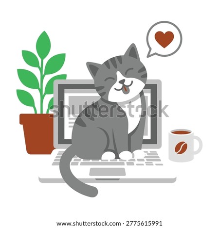 A cute gray cat sits on a laptop with a heart speech bubble, surrounded by a plant and coffee mug, exuding a playful and loving mood, perfect for tech, pets, or relationships concepts.