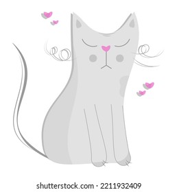 A cute gray cat sits and purrs. Important cute kitten with hearts. Vector isolated illustration. Animal world icon concept. Flat cartoon style.