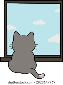 Cute gray cat sitting by the window looking at the sky cartoon illustration