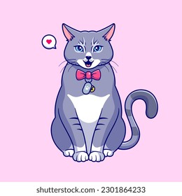 Cute Gray Cat Sitting Cartoon Vector Icon Illustration. Animal Nature Icon Concept Isolated Premium Vector. Flat Cartoon Style