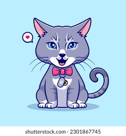 Cute Gray Cat Sitting Cartoon Vector Icon Illustration. Animal Nature Icon Concept Isolated Premium Vector. Flat Cartoon Style