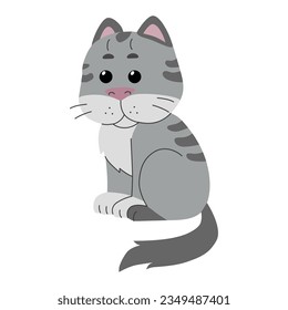 Gato gris lindo sentado aislado sobre fondo blanco. Caricatura de estilo plano. Ilustración del vector