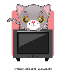 Cute gray cat sitting on top of a television