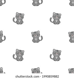 Cute gray cat sitting and smiling cartoon seamless pattern, vector illustration