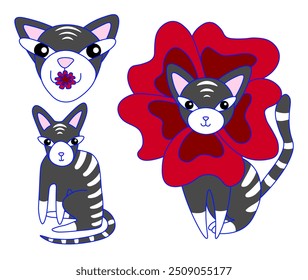 Cute gray cat sitting, smiling. Kitten flower. Cheerful pet animal in cartoon style, vector illustration collection. Ideal for stickers, patches, print, for fabric, social media post, packaging.