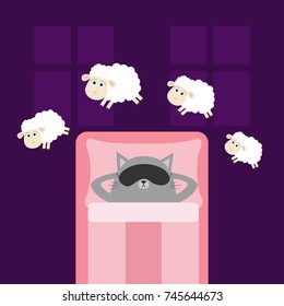 Cute Gray Cat Sleeping Mask. Jumping Sheeps. Cant Sleep Going To Bed Concept. Counting Sheep. Animal Set. Baby Collection. Blanket Pillow Room Two Windows. Flat Design. Violet Background. Vector