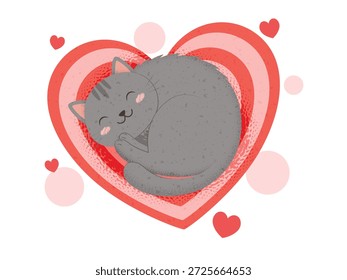 Gato gris lindo que duerme en una estera roja en forma de corazón, ilustración de Kawaii del día de San Valentín para las tarjetas de felicitación	
