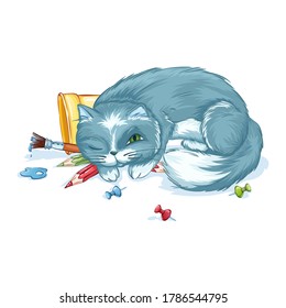 Cute gray cat sleeps on pencils and brushes. School supplies. Funny humorous cartoon character for a postcard. Back to school.