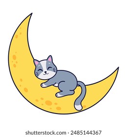 Cute gray cat sleeps on the moon. Vector illustration