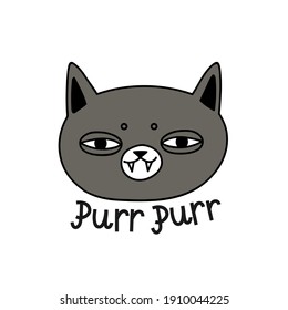 cute gray cat smiling and teeth, sticker cartoon vector, lettering purr 