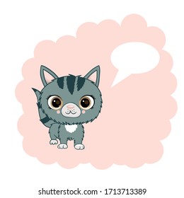 Cute gray cat with a speech bubble on a pink background. Vector cartoon character in a flat style.