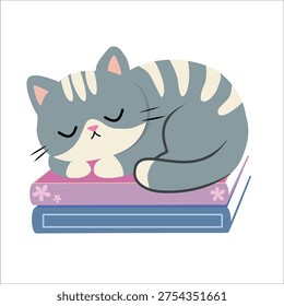 Cute gray cat speeping on a stack of pastel books