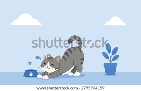 Cute Gray Cat Stretching Flat Vector Pet Illustration