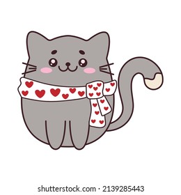 Gato gris en corbata con corazones. Un gato doméstico gordo. Ilustración vectorial al estilo kawaii
