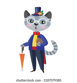 Cute gray cat with an umbrella and a hat.
