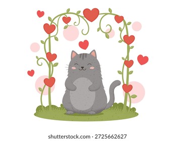Cute Gray Cat Under a Heart-Shaped Vine Arch for Valentine’s Day Illustration