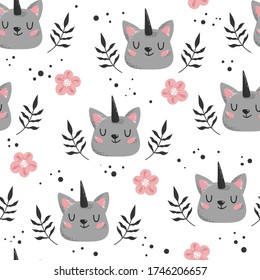 Cute gray cat unicorn with flowers on a white background. Seamless pattern