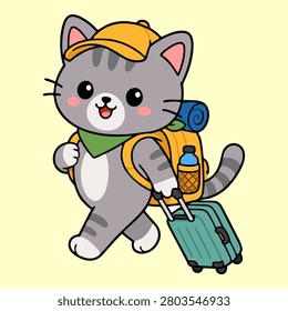 Cute gray cat walking with luggage during travel